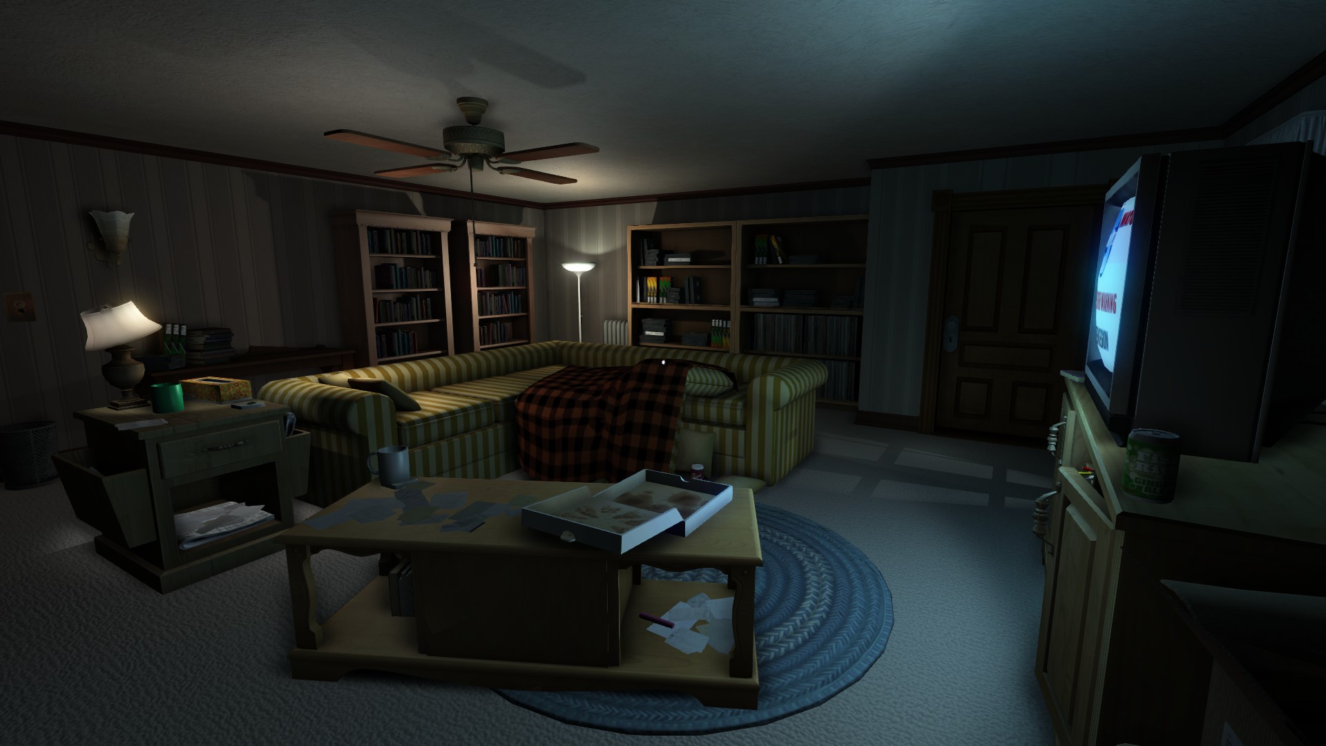 Screenshot of the game Gone Home, showing a very 90s looking living room. Along the walls are bookcases filled with books and in the centre of the room is a striped couch and a short table adorned with an empty box. The scene is illuminated by a few lights and a CRT television that sits on a cabinet along the wall.