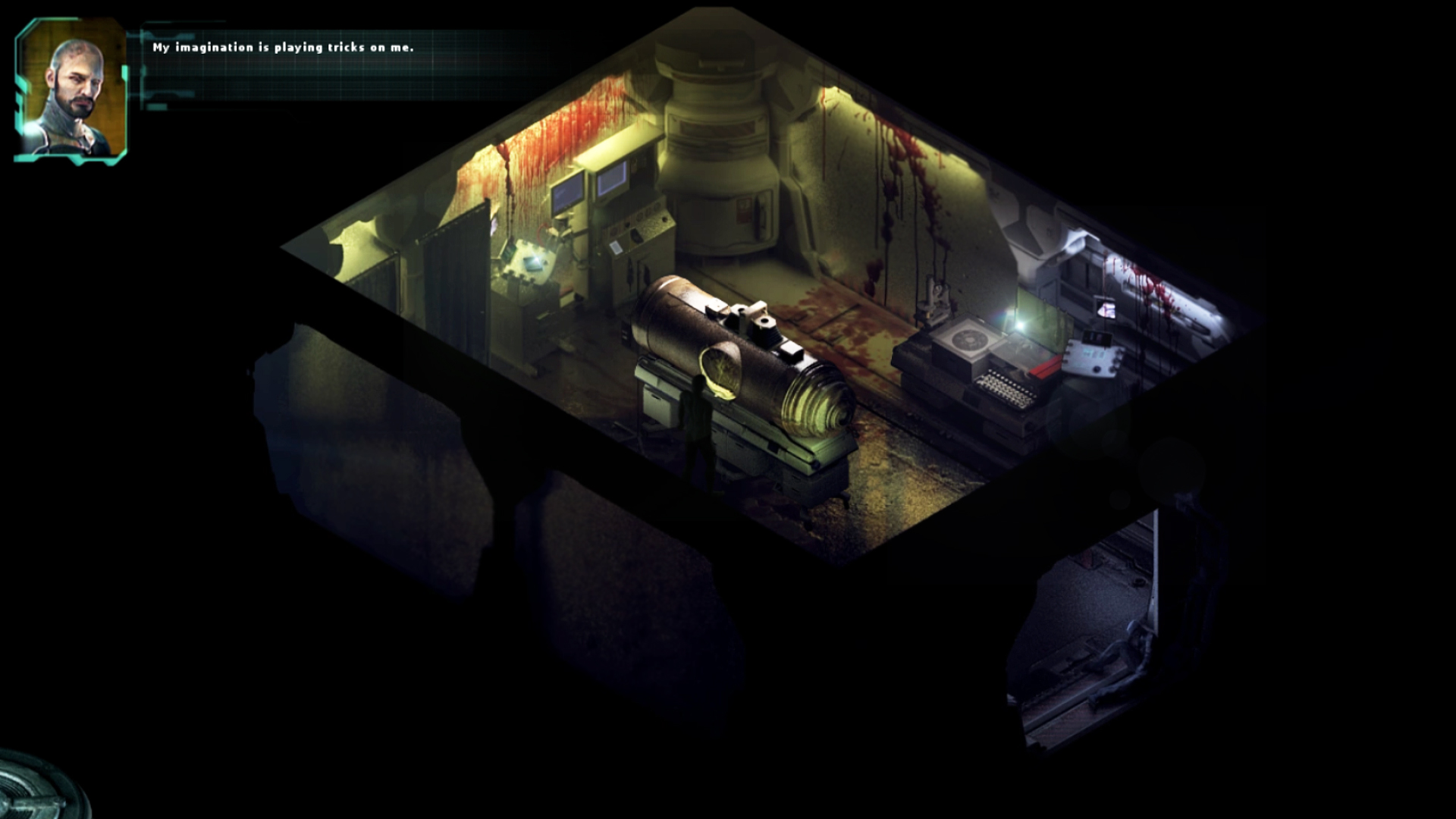 Screenshot of the game STASIS, showing the main character standing in a dimly lit laboratory looking at a strange container. The walls are covered in streaks of blood and there are various unidentifiable machines and instruments against all the walls. In the upper left corner is a portrait of the main character with the words: My imagination is playing tricks on me.