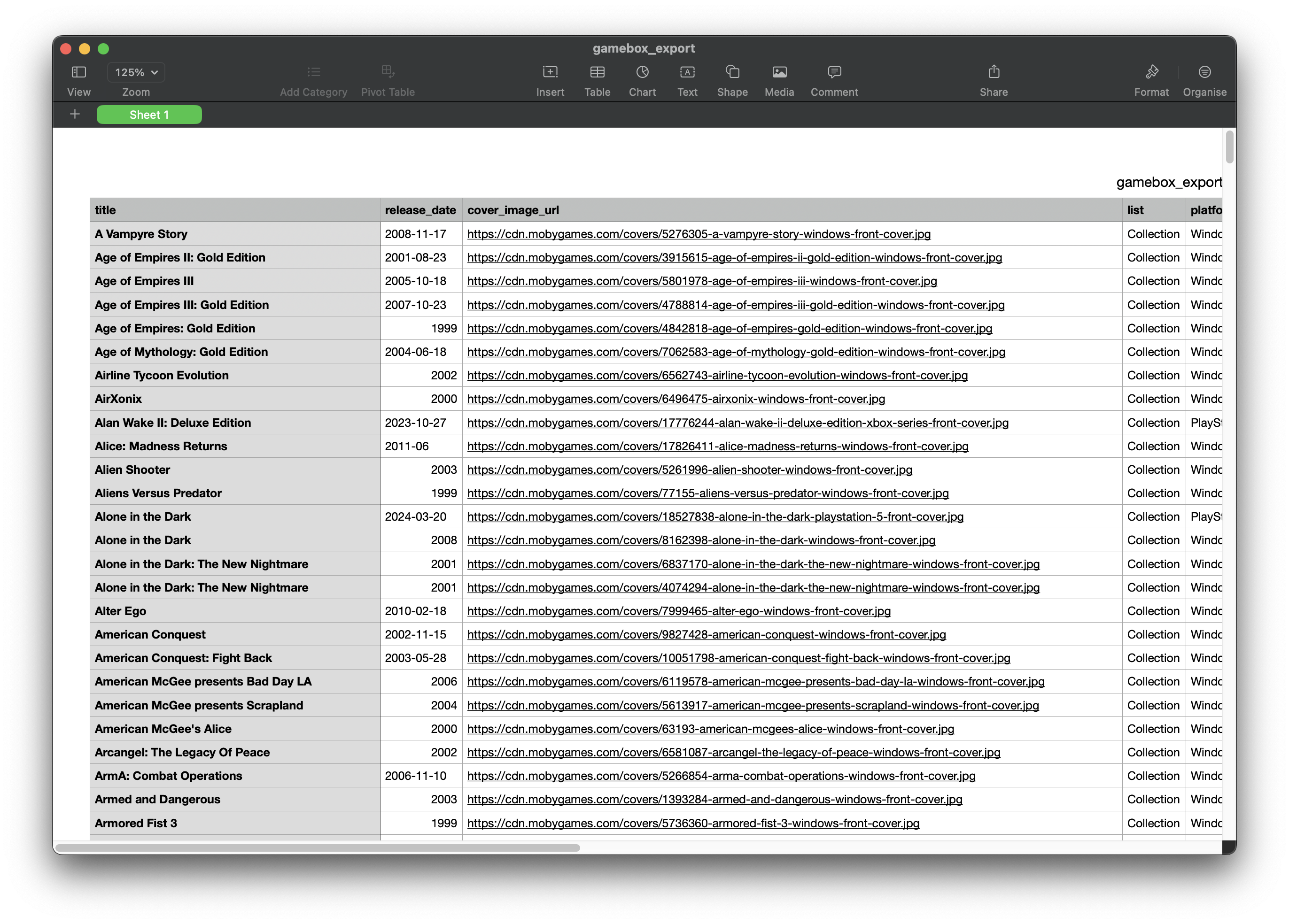 Screenshot of a spreadsheet showing a list of PC games.