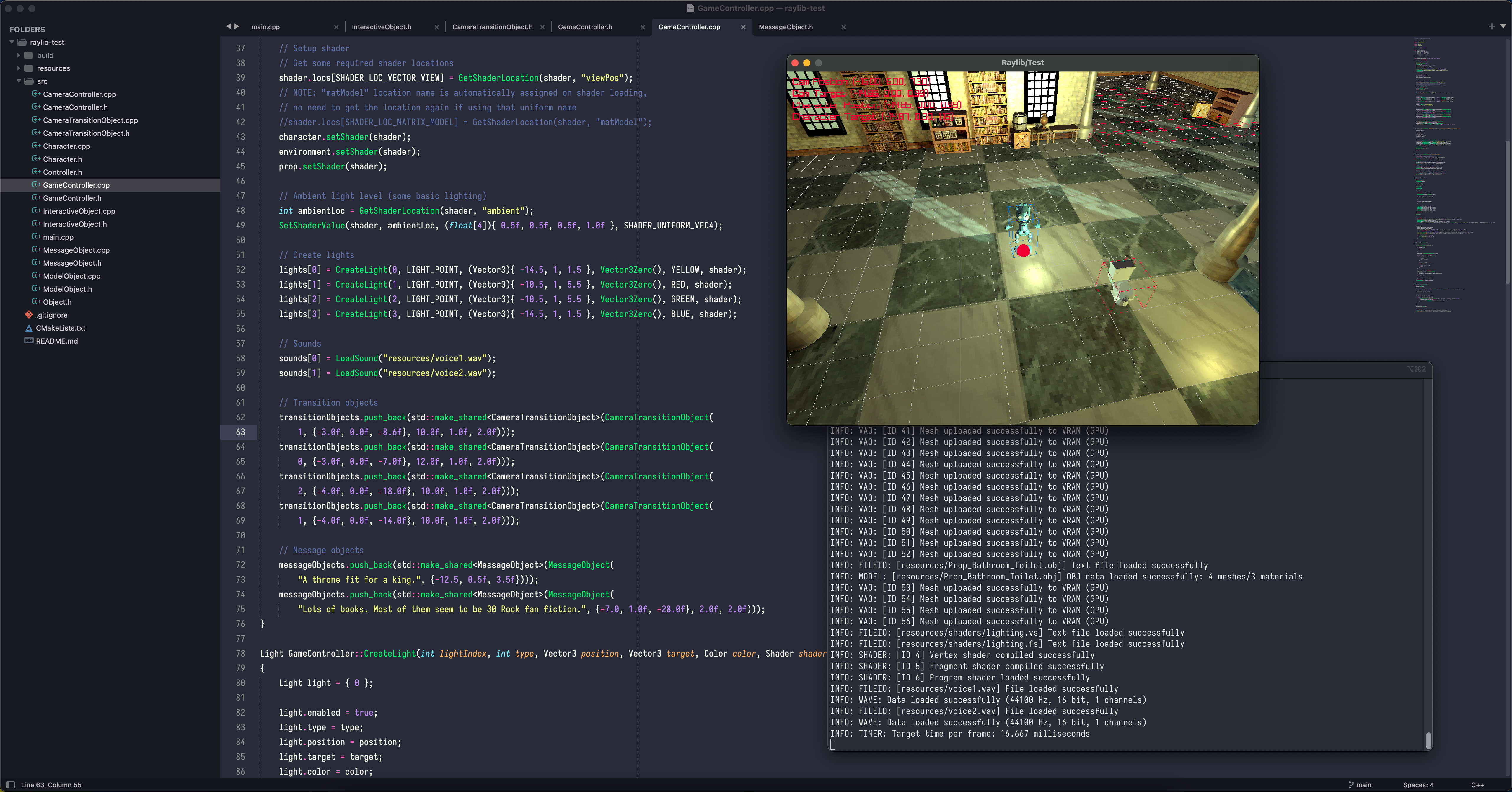 Screenshot of the finished demo built in raylib. Behind the game demo there is the main Sublime Text window showing some C++ code.