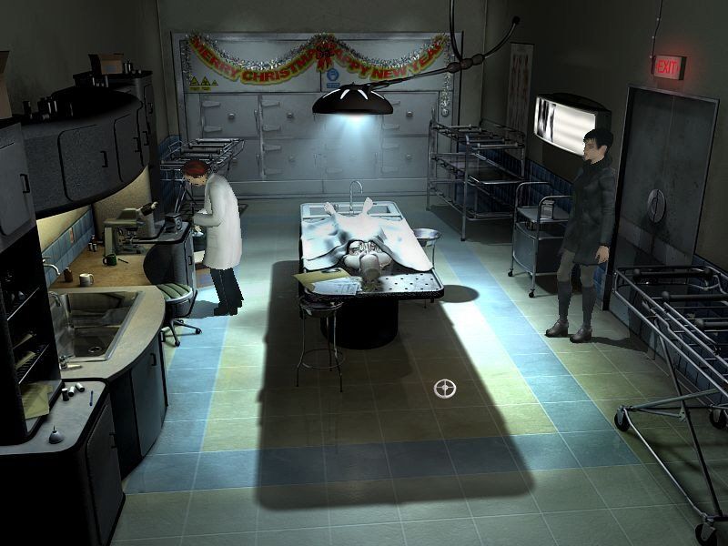 Screenshot from the game Still Life featuring the protagonist visiting a morgue where a tattooed woman is laying on the slab while the physician is inspecting some medical device.