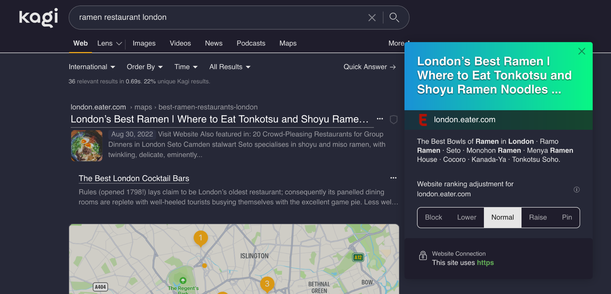 The Kagi website showing a search for ramen restaurant london. Next to the first result is an overlay which shows controls for adjusting the ranking for that site (block, lower, normal, raise, pin).