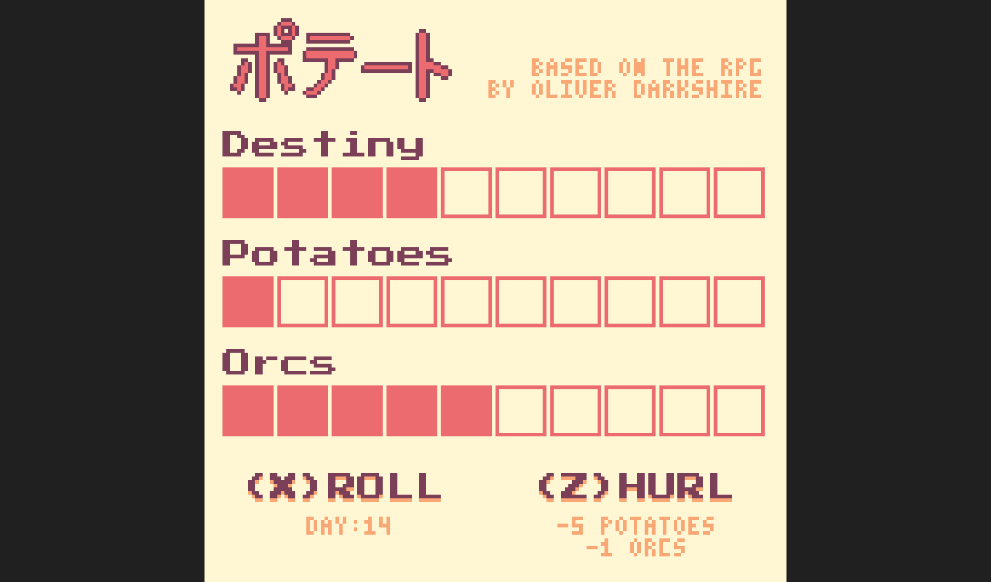 Screenshot of the potēto game showing 3 partially filled tracks, destiny, potatoes and orcs, as well as prompts to roll and hurl.