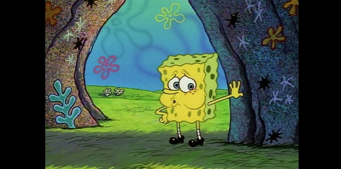 Still from an episode of SpongeBob Squarepants showing the titular character leaning on a wall, looking exhausted.